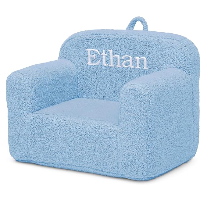 Delta Children Personalized Sherpa Cozee Chair - Customize with Name – Foam Kids Chair for Ages 18 Months and Up, Powder Blue
