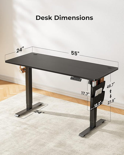 Marsail Standing Desk Adjustable Height, 55x24 Inch Electric Standing Desk with Storage Bag, Stand up Desk for Home Office Computer Desk Memory Preset with Headphone Hook