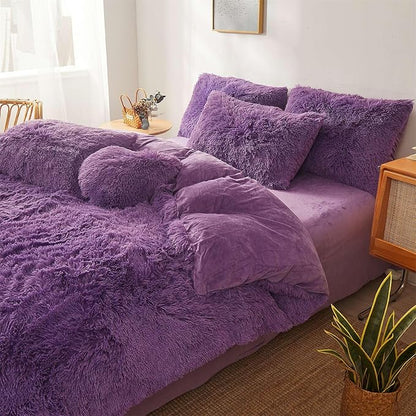Fluffy dark purple comforters Cover twin size - Ultra Soft Plush red bedding Sets 2 Pieces (1 faux fur comforter Cover + 1 fuzzy pillow case) girls shaggy purple twin bed set (Dark purple, Twin)