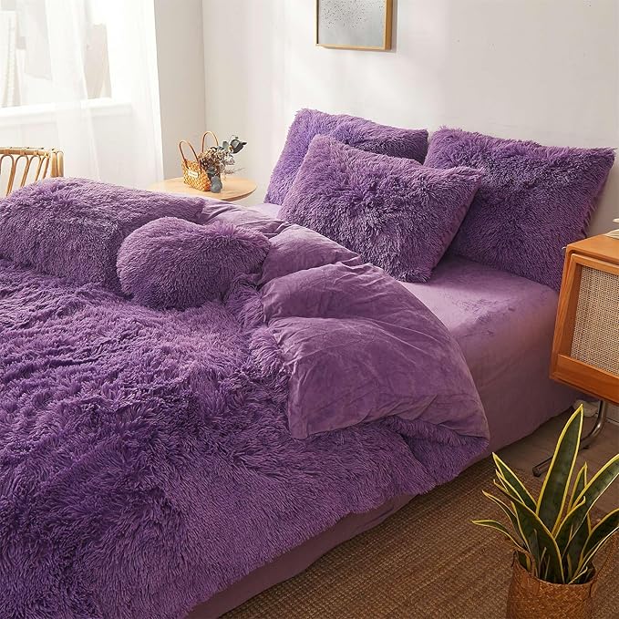 FOPPA Dark Purple fluffy Comforter Cover Set king- Ultra Soft fluffy Purple Bedding Sets 3 Pieces (1 Duvet Cover + 2 Pillow case) pink fluffy bed set (Dark Purple, King)