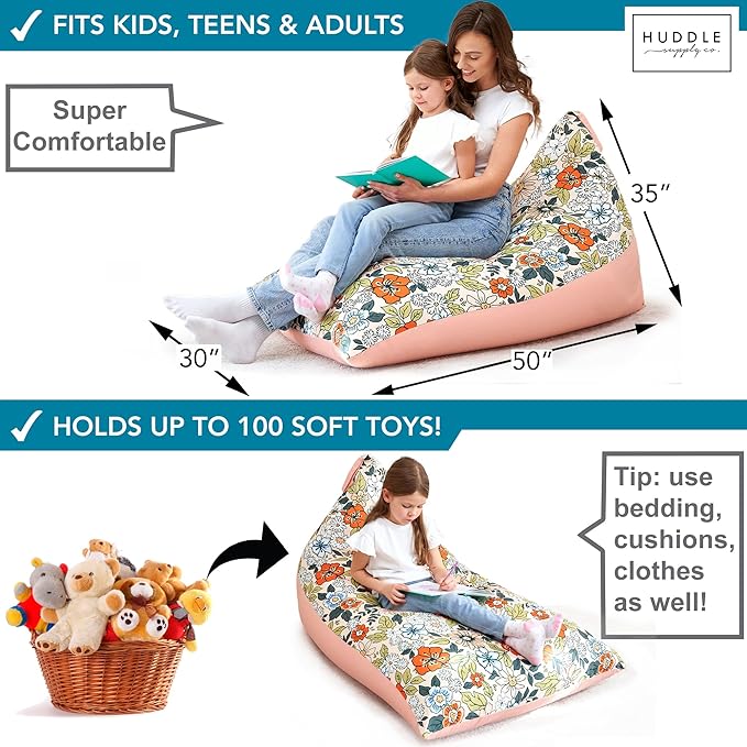 Stuffed Animal Bean Bag Storage - Machine Washable Bean Bag Chair for Kids - Extra Large Cover for Stuffing with Plush Toys, Pillows, Soft Items - Stuffed Animal Holder for Boys & Girls - Boho Floral