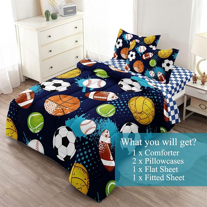 Kids Boys Comforter Set Full Bed in a Bag w/Sheet Sets, Blue Full Bedding Sets for Teens Soccer Basketball Baseball Football Sports Themed Bedroom Decor Reversible Design