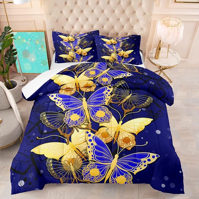 Butterfly Full Size Comforter Sets for Girls, Gold Blue Butterfly Bedding Sets Full Bedding Set for Adults Soft lightweight Bed Quilt Sets, 3 Piece 1 Comforter + 2 Pillowcases