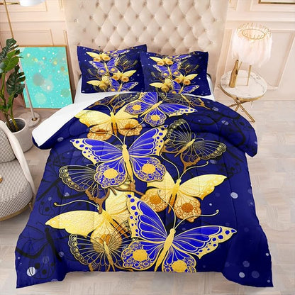 Butterfly Comforter Set, Bed Comforter Twin Set Bedroom Blue Gold Butterfly Bedding Sets for Girls Teens Retro Vintage Soft Quilt Set Twin Size, 2 Piece 1 Comforter + 1 Pillowcase