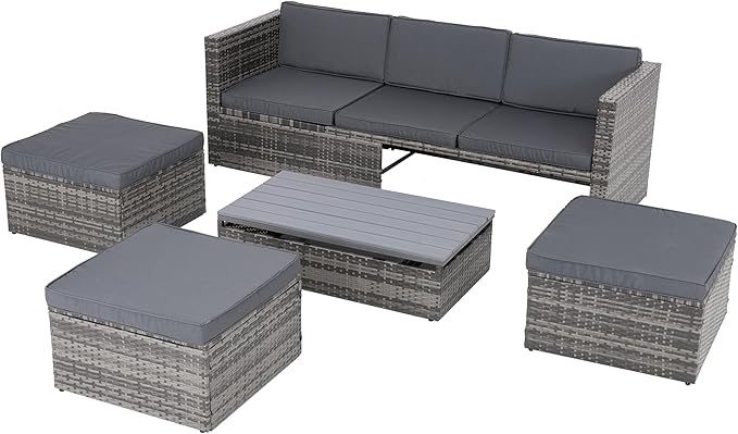 Modular Rattan Outdoor Sectional Furniture, Wicker Conversation Patio Sets with Plywood Coffee Table and Lounger Sofa for Backyard, Dc-Dark Gray
