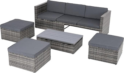 Modular Rattan Outdoor Sectional Furniture, Wicker Conversation Patio Sets with Plywood Coffee Table and Lounger Sofa for Backyard, Dc-Dark Gray