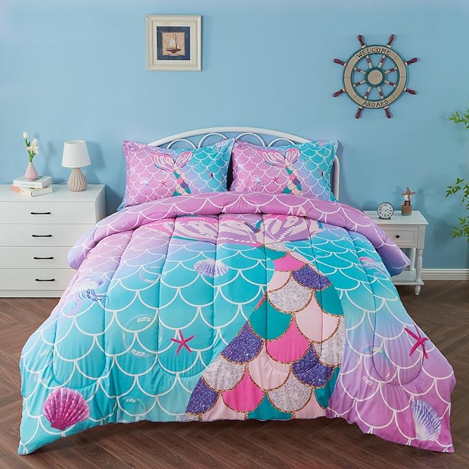 Full Size Comforter Sets for Girls Mermaid Tail Rainbow Scales Bedding Set 3 Pieces Full Comforter with 2 Pillowcases for Kids, Teenagers
