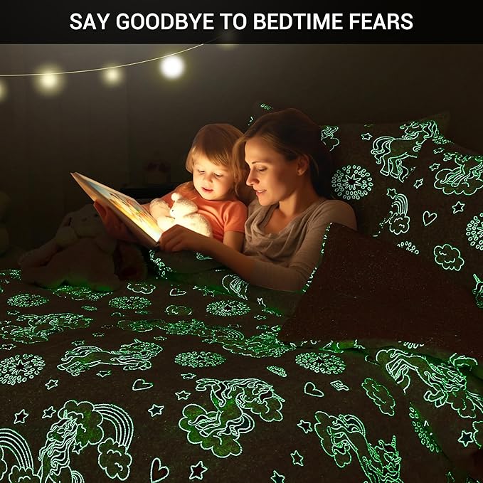 Mooreeke Glow in The Dark Full Plush Fleece Comforter Bed Set, Soft & Warm 3 Piece Bed in A Bag with Sham, Velour Velvet Pink Unicorn Girls Kids Bedding Set, Fluffy Fuzzy Polar Cozy and Stylish