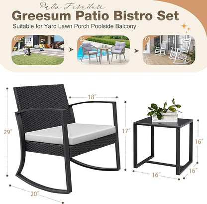 Greesum 3 Pieces Outdoor Furniture Set Patio Bistro Rocking Chairs with Glass Coffee Table for Pool Beach Backyard Balcony Porch Deck Garden, White