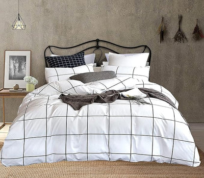 White Grid Comforter Set Big Grid Bedding Set Full White Black Plaid Printed Stripes Women Checkered Comforters Bedding Set Girls White Grid Bed Blanket Set White Plaid Full Comforter