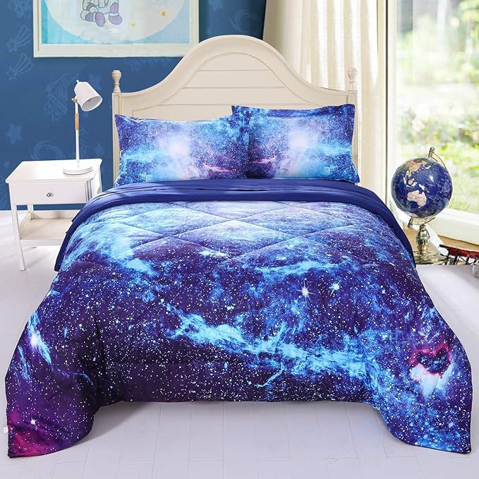 Wowelife Galaxy Bedding Twin Outer Space Comforter Set 5 Pieces Blue Cosmic Galaxy Bed Set Kids Bed in A Bag Twin for Teen Boys and Girls with Comforter, Flat Sheet, Fitted Sheet and 2 Pillowcases