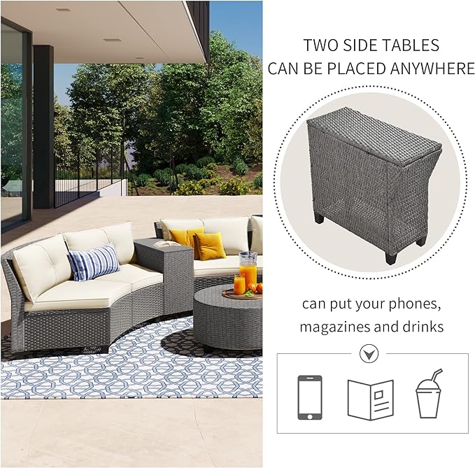 Merax Patio Furniture Sets for 6, Fan-Shaped All Weather Outdoor HDPE Rattan Sofa with Cushions and Table, Suitable for Garden, 9-Piece, Beige