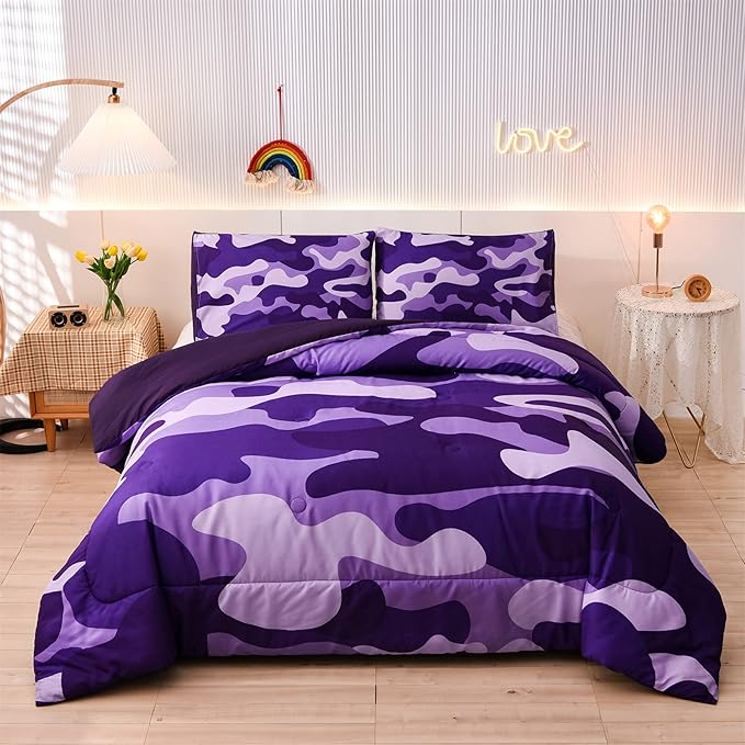Meeting Story Camouflage Bedding Set, Colorful Pattern Queen Camouflage Comforter Set, 3 PCS One Comforter and Two Pillowcases in One Bag, All Season Bedspread for Teens Adults (Purple, King)