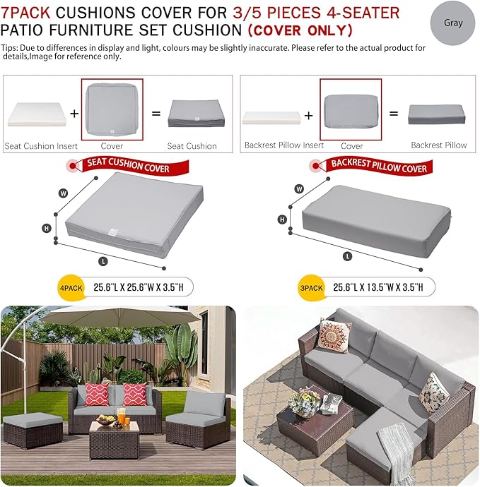 ClawsCover 7Pack Outdoor Seat and Back Cushions Replacement Covers Fit for 3/5 Pieces 4-Seater Wicker Rattan Patio Furniture Conversation Set Sectional Couch,Gray-Large(Include Cover Only)