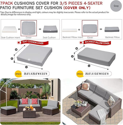 ClawsCover 7Pack Outdoor Seat and Back Cushions Replacement Covers Fit for 3/5 Pieces 4-Seater Wicker Rattan Patio Furniture Conversation Set Sectional Couch,Gray-Large(Include Cover Only)