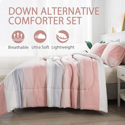 Andency Stripe Comforter Set Queen Size (90x90 Inch), 3 Pieces Pink Patchwork Striped Comforter, Soft Microfiber Down Alternative Comforter Bedding Set with Corner Loops