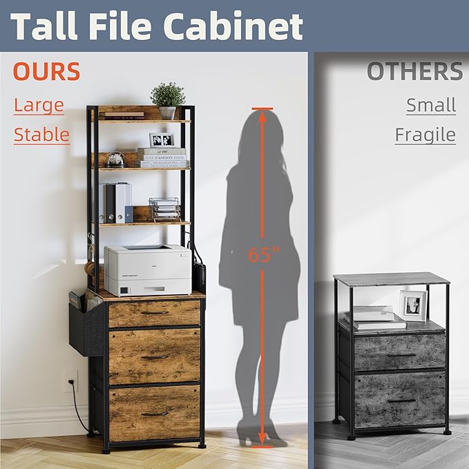 3 Drawer File Cabinet with Charging Station, Fabric Drawer, 4-Tier Tall Filing Cabinet with Adjustable Bookshelf, 69''H File Cabinet for Home Office Fits A4/Letter/Legal, Rustic Brown