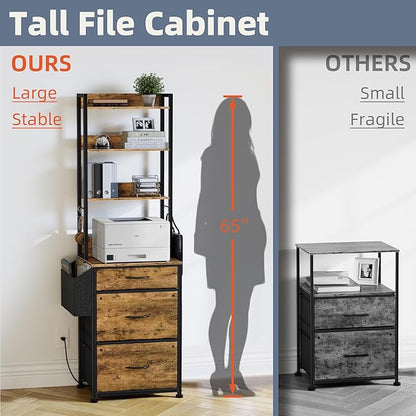 3 Drawer File Cabinet with Charging Station, Fabric Drawer, 4-Tier Tall Filing Cabinet with Adjustable Bookshelf, 69''H File Cabinet for Home Office Fits A4/Letter/Legal, Rustic Brown