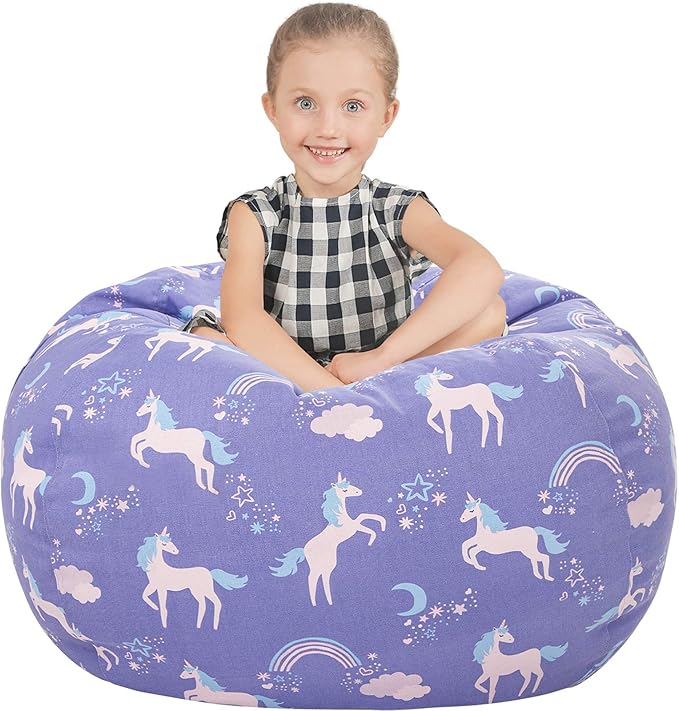 Aubliss Stuffed Animal Storage Bean Bag, Unicorn Bean bag Chair, Stuff 'n Sit for Kids, Medium 32"-Canvas Unicorn Blue