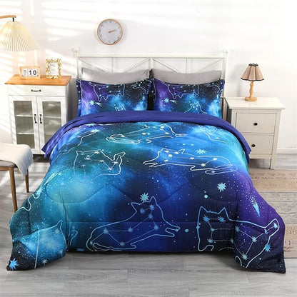 Wowelife 5 Piece Galaxy Space Cat Bedding Comforter Set Queen Constellation Bedding Set Blue Kids Bedding Set Bed in a Bag for Boys and Girls with Comforter, Flat Sheet, Fitted Sheet and 2 Pillowcases