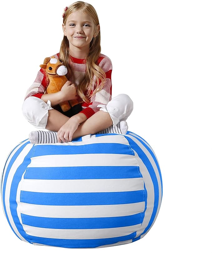 Aubliss Stuffed Animal Bean Bag Storage Chair (Blue/White Striped, Medium (32''))