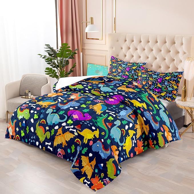 Dinosaur Comforter Set Queen - Cartoon Dinosaur Bedding Boys Comforter Set Soft Breathable Blue Dinosaur Quilt Kids Queen Size Bedding Set for All Season, 1 Comforter 2 Pillowcase