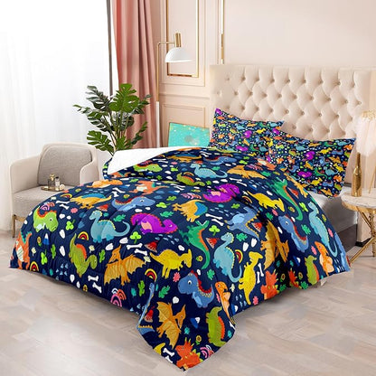 Dinosaur Comforter Set Queen - Cartoon Dinosaur Bedding Boys Comforter Set Soft Breathable Blue Dinosaur Quilt Kids Queen Size Bedding Set for All Season, 1 Comforter 2 Pillowcase
