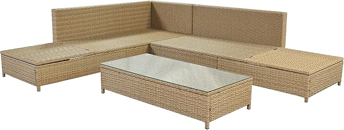 Merax Patio Furniture Sets Outdoor, All Weather PE Rattan Sofa with Adjustable Chaise Lounge, Seat Cushions and Tempered Glass Table, Beige