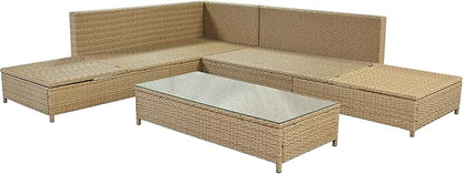 Merax Patio Furniture Sets Outdoor, All Weather PE Rattan Sofa with Adjustable Chaise Lounge, Seat Cushions and Tempered Glass Table, Beige