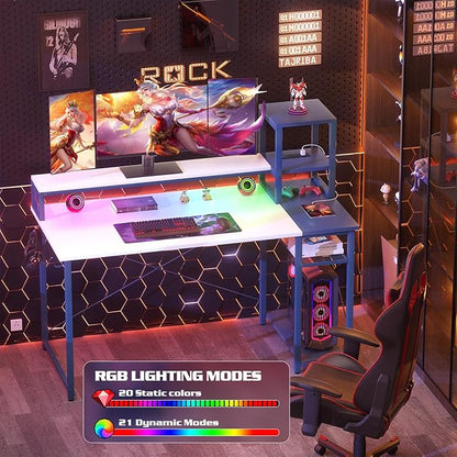 armocity 2024 Upgrade Gaming Desk with LED Lights, Small Computer Desk with Long Monitor Stand, 47.2'' Reversible Laptop Table with Storage Shelves, Small Desk for Small Spaces, Gaming Room, White