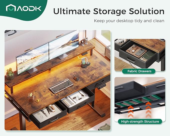 AODK 55 Inch Electric Standing Desk with 3 Drawers, Brown, Height Adjustable Desk with Power Outlets & LED Lights, Stand Up Desk with Monitor Shelf, Sit Stand Desk Computer Workstation
