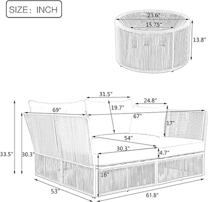 2-Piece Sunbed and Coffee Table, Patio Double Chaise Lounger Loveseat Daybed Outdoor Furniture Set for Backyard Poolside Lawn Balcony, Full, Ac-Beige