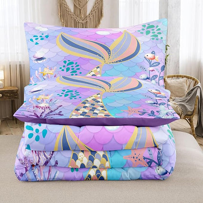 NINENINE Mermaid Tail Bedding Sets,Teal Purple Mermaid Comforter Set for Kids,Full Size Comforter Sets for Girls,Colorful Glitter Bedding Set with 1 Comforter 2Pillowcases…