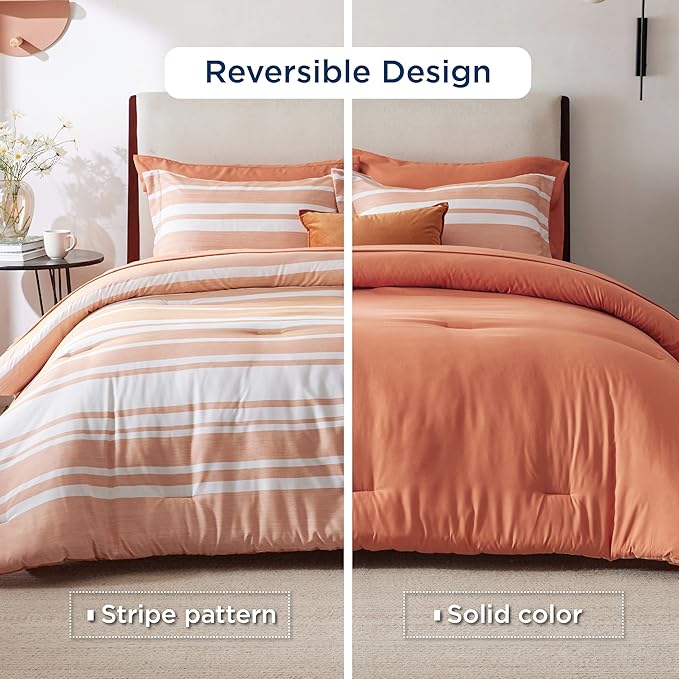 Bedsure Bed in a Bag Queen Size 7 Pieces, Burnt Orange White Striped Bedding Comforter Sets All Season Bed Set, 2 Pillow Shams, Flat Sheet, Fitted Sheet and 2 Pillowcases