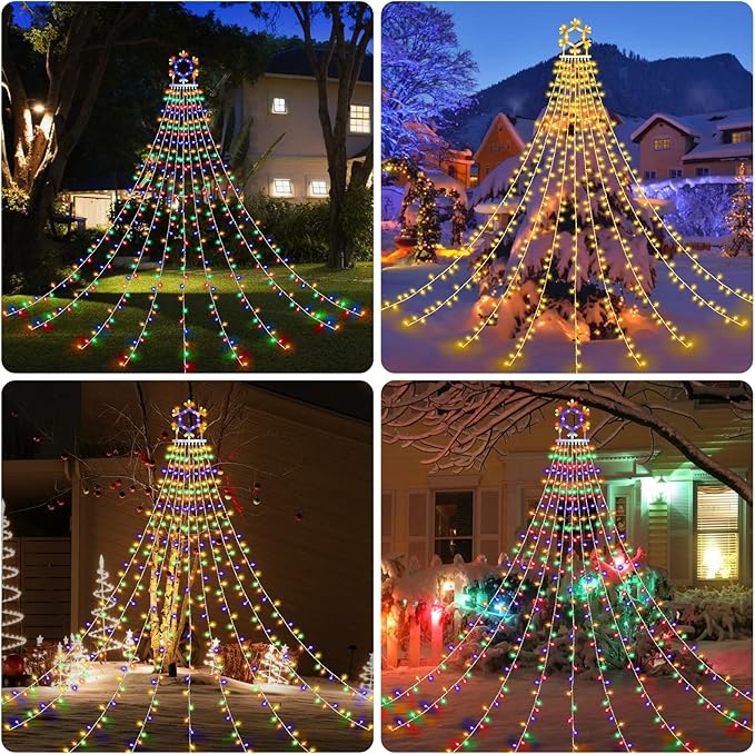 PUHONG Christmas Decorations, 320 LED Outdoor String Lights, Snowflakes Hanging Christmas Tree Topper Lights with 11 Modes for Holiday, Wedding, Party, Yard Decor (Warm White&Multicolored)