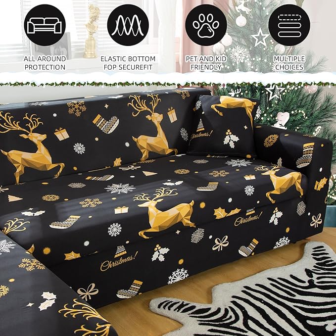 Mybedsoul Christmas Printed Black Sofa Cover Reindeer Printed Elastic Couch Cover Machine Washable Christmas Theme Red Sofa Slipcover for Living Room(2 Seater/Loveseat)