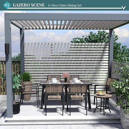 Pamapic 8-Piece Patio Dining Set，Outdoor Aluminum Furniture Set with Plastic-Wood Table Top,Outdoor Furniture Set with 6 Outdoor Stackable Chairs for Patio Garden Poolside，Walnut