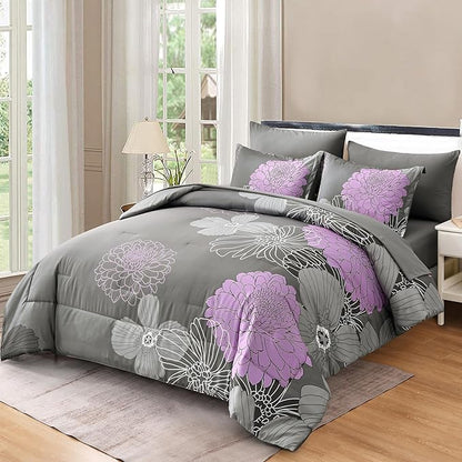 Yiran King Size Comforter Set Grey Purple Comforter Floral Bedding Comforter Set 7 Pieces Soft Microfiber Bed Set for All Seasons 103"×90"