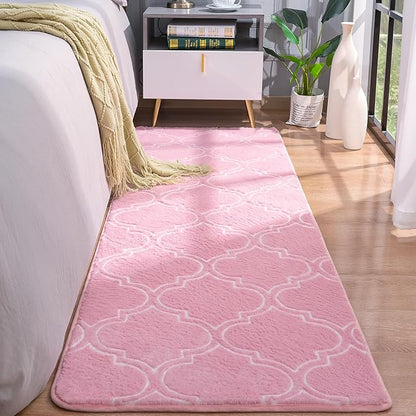 Chicrug Shag Geometric Modern Runner Rug for Bedroom, 2x6 Feet Memory Foam Indoor Hallway Runner Carpet, Fluffy Rug for Living Room Bedside Room Decor for Family, Pink/White