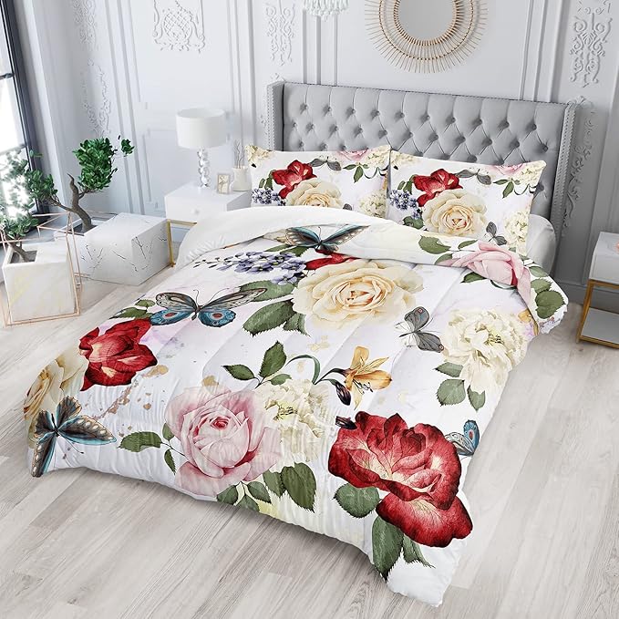 Butterfly Comforter Set for Girls Kids Adults Watercolor Butterfly Rose Bedding Set Aesthetics Butterflies Quilt Duvet Set Full Size with 1 Comforter and 2 Pillowcases