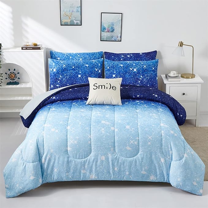 Blue Glitter Comforter Set Full/Queen Size for Boys Girls, Sparkle Galaxy Twinkle Starlight Kids Teen, 3 Piece Aqua Navy Ombre Bedding with 2 Pillow Cases(Blue,Queen), Queen(3-Piece)