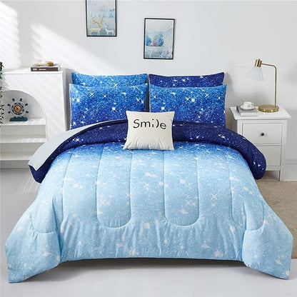 Blue Glitter Comforter Set Twin Size for Boys Girls, Sparkle Galaxy Twinkle Starlight Comforter for Kids Teen, 2 Piece Aqua Blue Navy Ombre Bedding Set with 1 Pillow Case(Blue,Twin)