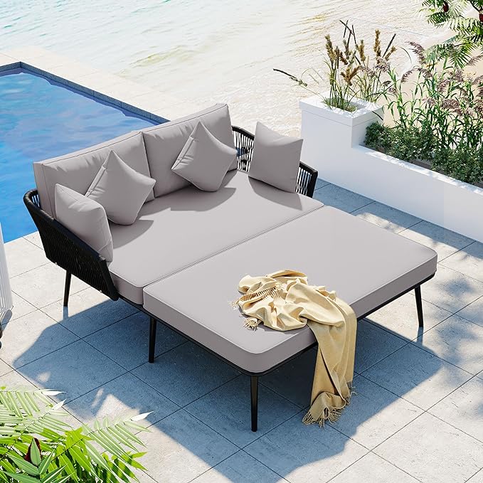 Patio Daybed Set for 2, Outdoor Furniture All-Weather Sofa Sunbed with Adjustable Iron Feet, Woven Nylon Rope Backrest, Washable Cushions and Pillows, for Balcony, Poolside, Gray