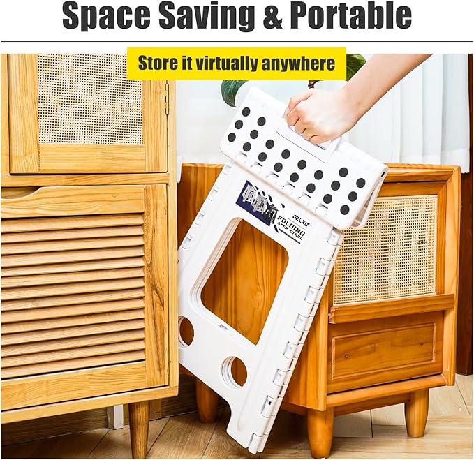 Delxo 17.5 Inch Folding Step Stool, Heavy Duty Foldable Stool for Adults,Premium Portable Collapsible Plastic Step Stool,Non Slip Folding Stools for Kitchen Bathroom Bedroom Up to 400LBS,(White 1PC)