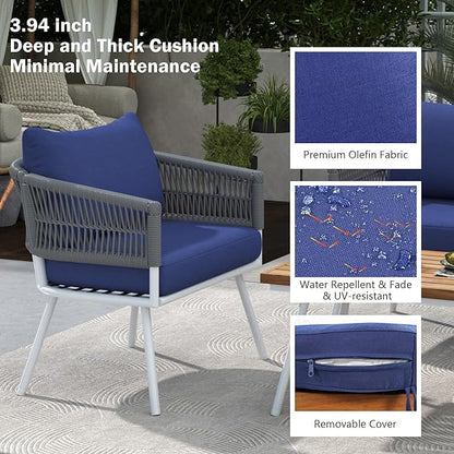 4-Piece, Boho Rope Outdoor Furniture Patio Conversation Sets with Deep Seating & Thick Cushion, Wicker Rattan Chairs Garden Backyard Balcony Porch Poolside loveseat, OneSize, Kb-Navy Blue