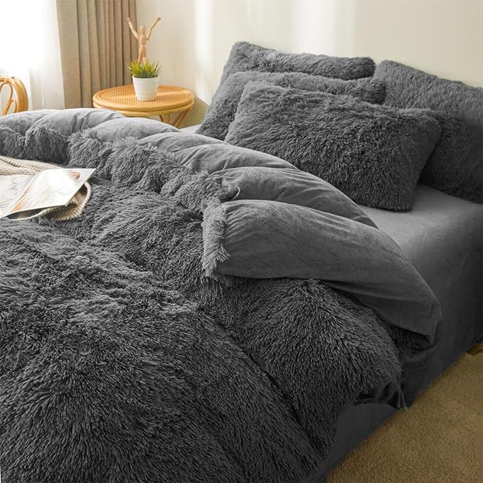 Fluffy Faux Fur dark grey Comforter Cover Set Queen - Ultra Soft Plush dark grey Bedding Sets 3 Pieces (1 fluffy duvet cover + 2 Faux Fur Pillow case) Cute dark grey Bed Set (Dark Grey, Queen)