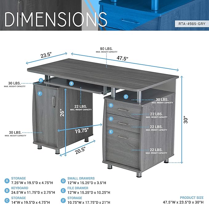 NicBex Laik-DW-00043-DX Desks, 47.5" W x 23.5" D x 30" H, Gray