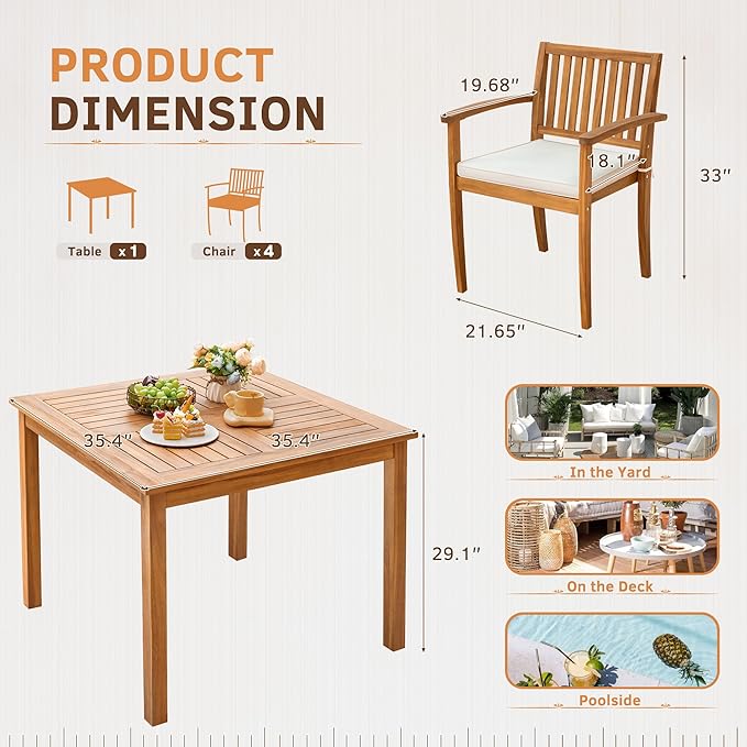 Greesum 5 Piece Patio Dining Set Outdoor Solid Wood Furniture for Yard, Garden, Porch w/Square Tabletop & 4 Chairs, White