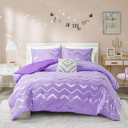 Codi Purple Comforter Set Full - Metallic Silver and Lavender Bedding Sets Queen Size - 4 Piece Set for Girls, includes 1 Comforter, 1 Decorative Pillow, 2 Pillow Cases - All Season Warm