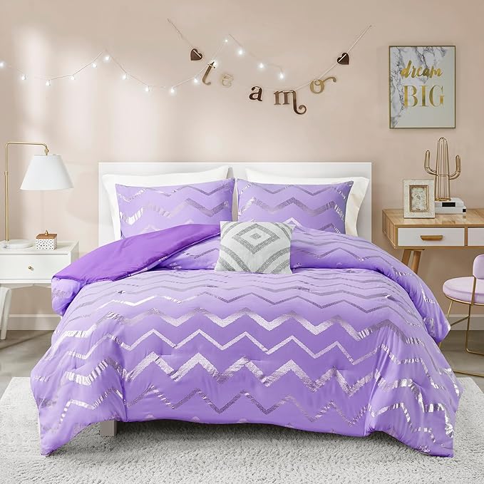 Codi Twin XL Bedding Set - Cute Purple Bed Set, Metallc Print Comforter - 3 Piece Sets for Girls, includes 1 Comforter, 1 Decorative Pillow, and 1 Pillow Case - All Season, Lightweight and Warm